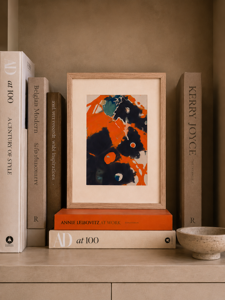Gelaagde Compositie in Oranje & Indigo  /  32,5 x 42,5 x 3 cm/ Hilde Deceuninck (2016)