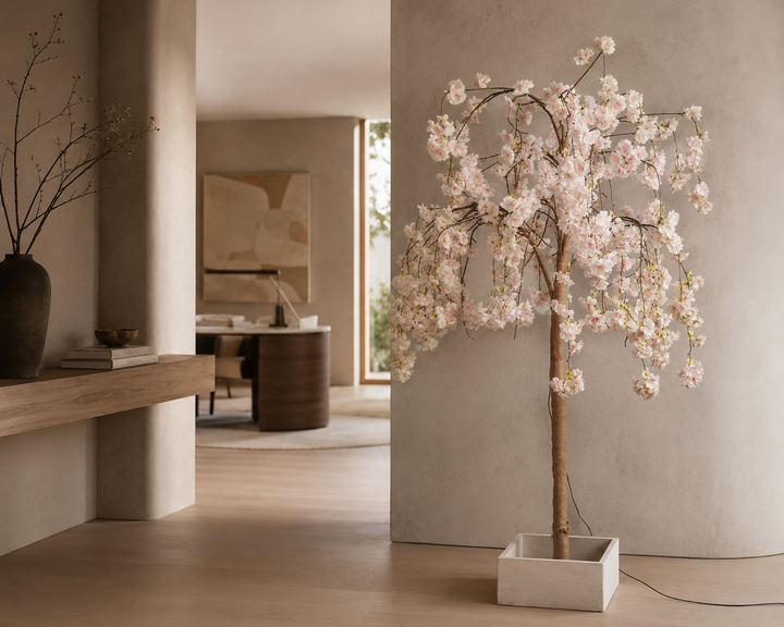 Sfeervolle grote lichtroze nep-lindebloesem boom met verlichting / 180 cm hoog, 1 m breed