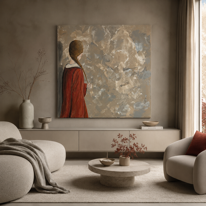 Schilderij Atelier S – 120 × 120 × 4 cm | Hedendaagse figuratieve kunst met abstracte achtergrond