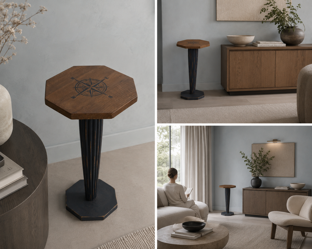 Houten kruk met 4 windrichtigen / 33 x 33 x 61 cm