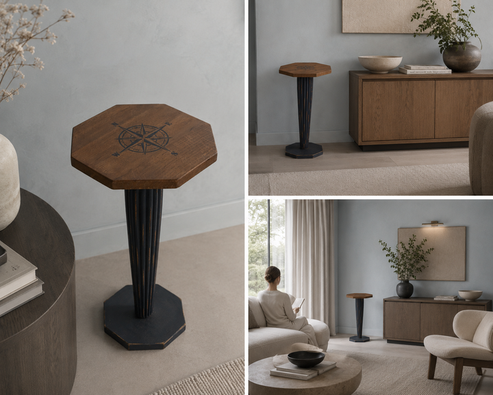 Houten kruk met 4 windrichtigen / 33 x 33 x 61 cm