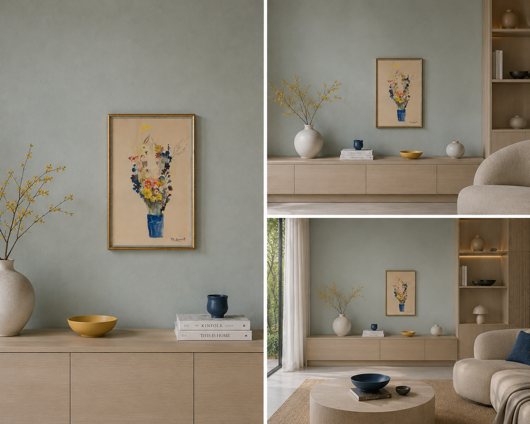 Mooie aquarel met blauwe vaas en fleurige bos bloemen  / 58,5 × 39,5 × 2 cm