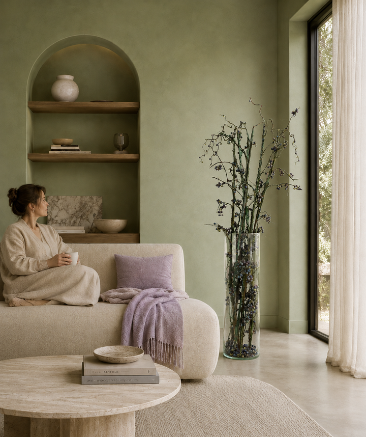 Grote glazen vaas met mooie takken van nep eucalyptus vruchten in blauw en groen