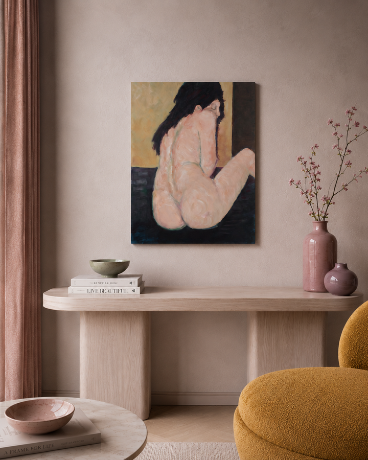 Prachtig schilderij van naakte vrouw – zachte groen- en rozetinten / 50 x 70 x 1,5 cm
