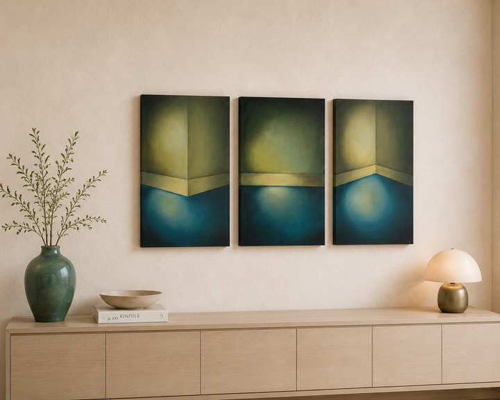 Schilderij drieluik 'Drie keer stilte – een harmonie van licht, kleur en ruimte' door Monique Coppieters