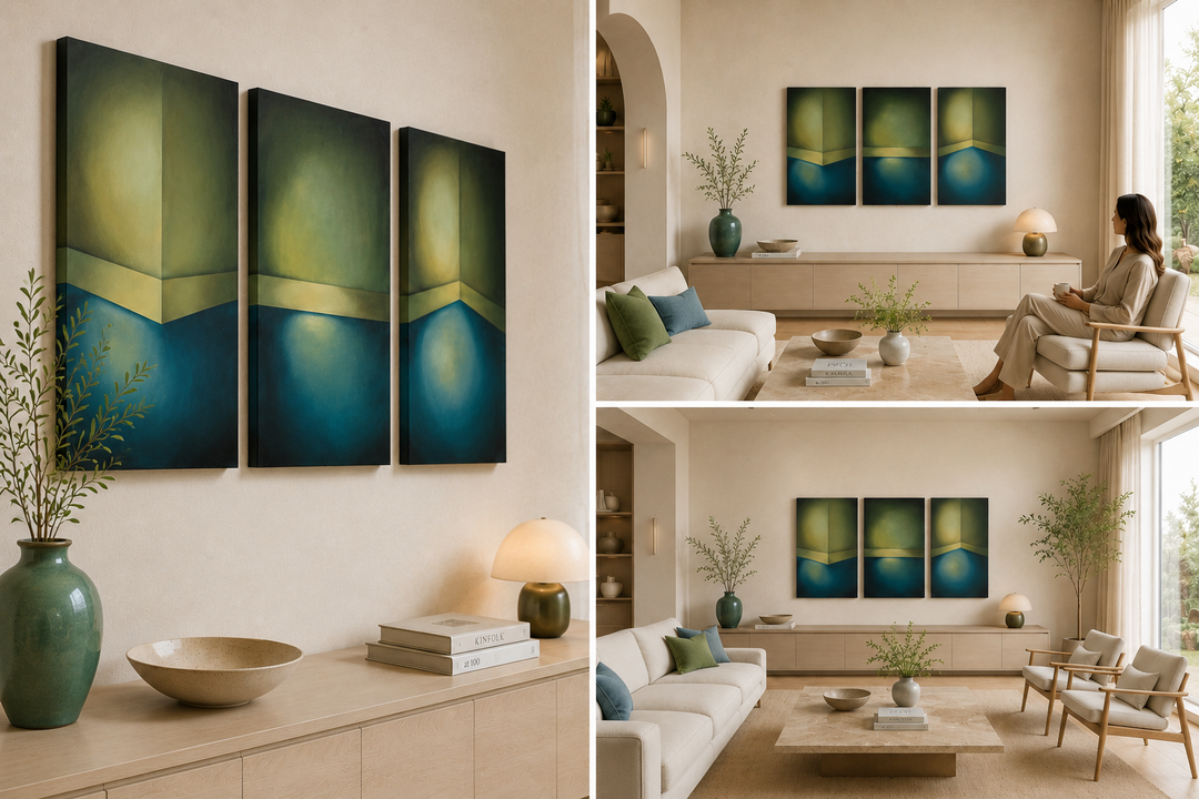 Schilderij drieluik 'Drie keer stilte – een harmonie van licht, kleur en ruimte' door Monique Coppieters