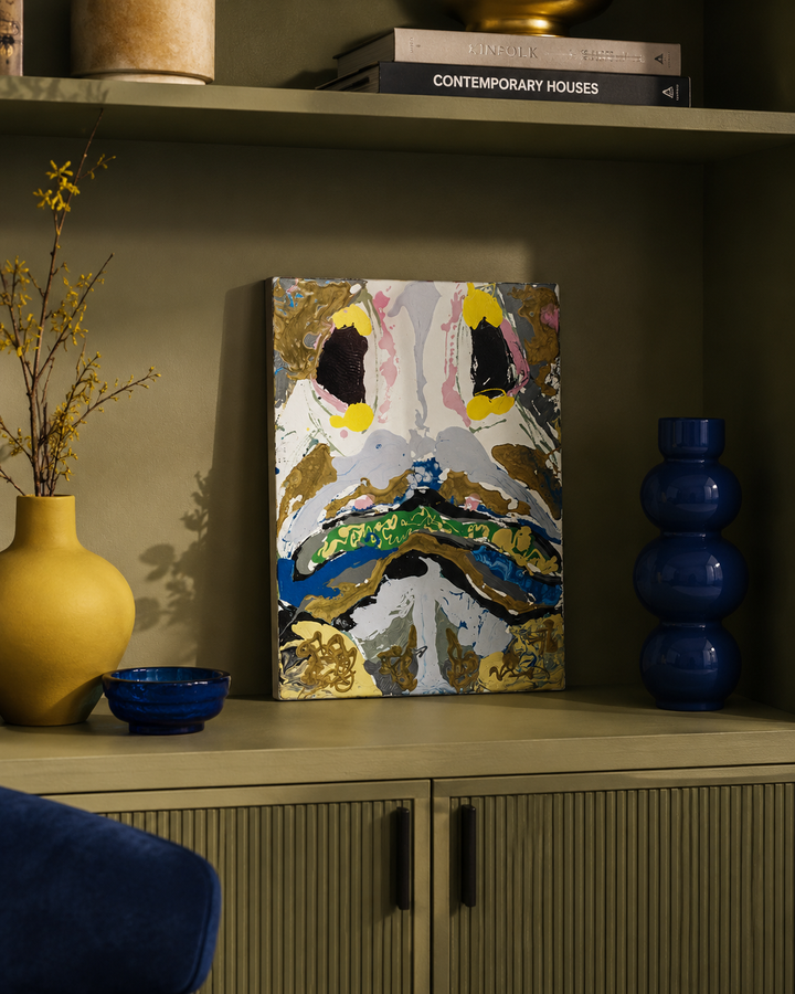Ludiek Hedendaags Schilderij met Abstract Personage – Hilde Deceuninck / 40,5x30x4cm