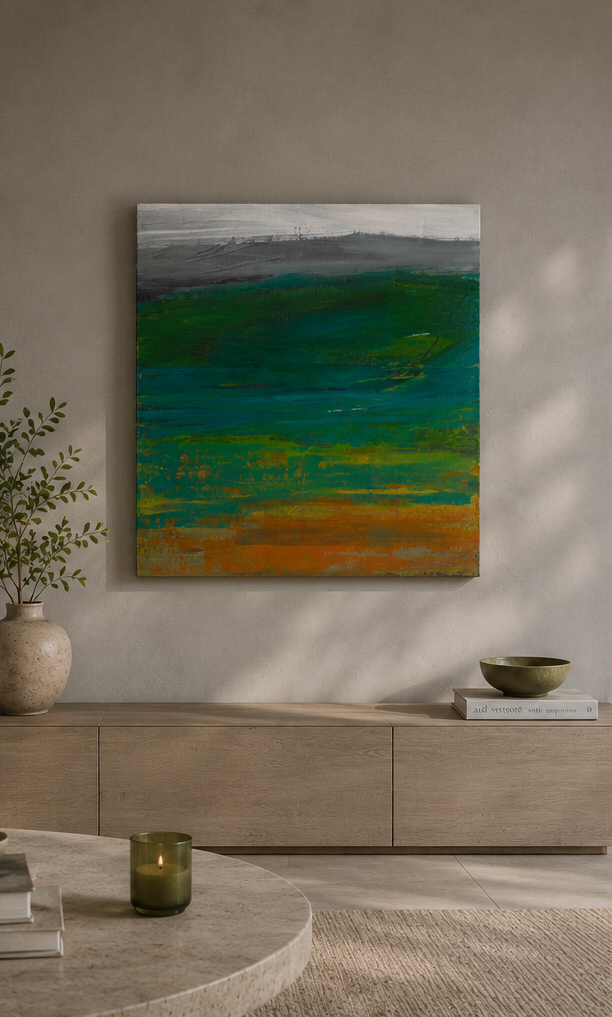 Modern abstract schilderij in groen, wit en oranje door Jacques Hemain / 80X80cm