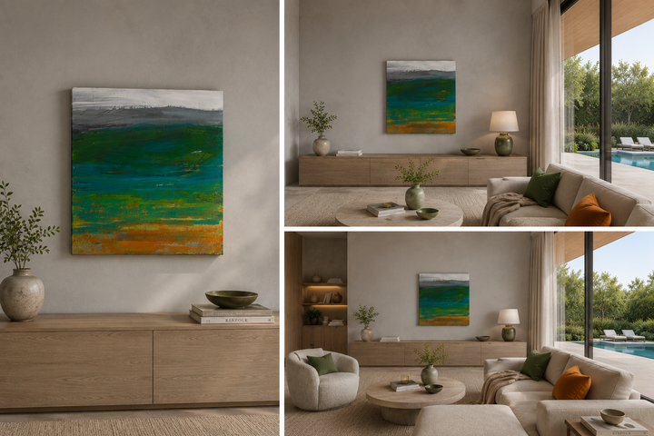 Modern abstract schilderij in groen, wit en oranje door Jacques Hemain / 80X80cm