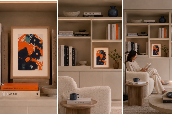 Gelaagde Compositie in Oranje & Indigo  /  32,5 x 42,5 x 3 cm/ Hilde Deceuninck (2016)