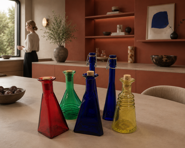 Set van 6 Kleurrijke Flesjes – Rood, Blauw, Groen en Geel (Jaren ’90) / 4x5x19 cm, 8x8x17cm en 6x6x15 cm