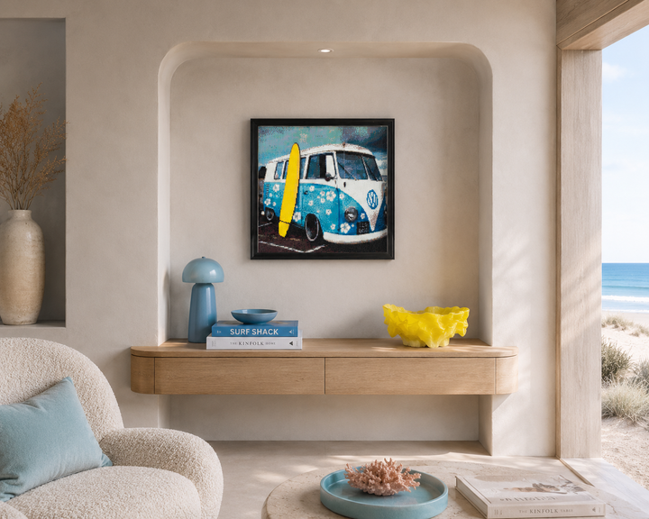 Uniek schilderij in strijkparels – Volkswagen T1 busje in blauw en geel / 43,5 x 54cm