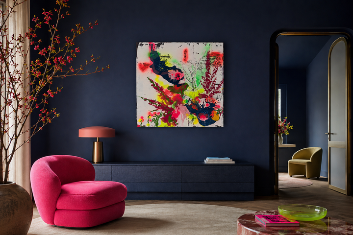 Hedendaags schilderij / 80x80cm / abstracte voorstelling van de onderwaterwereld in fluo door Hilde Deceuninck.