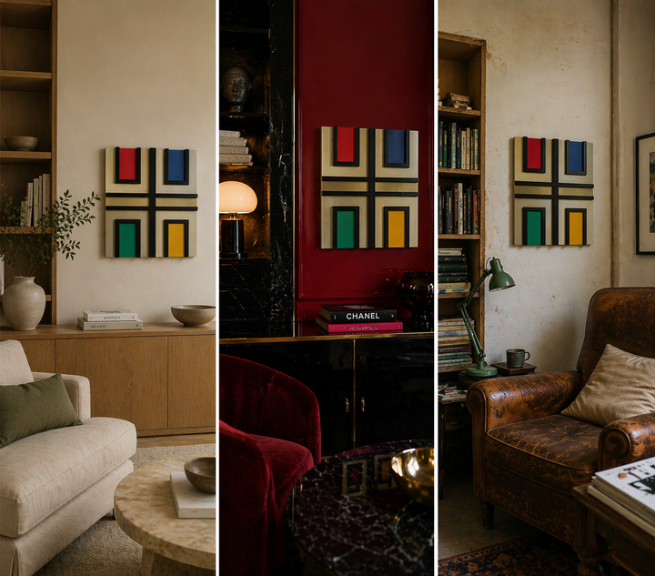 Kleur & Ritme – Vintage Geometrisch Wandobject in Hout