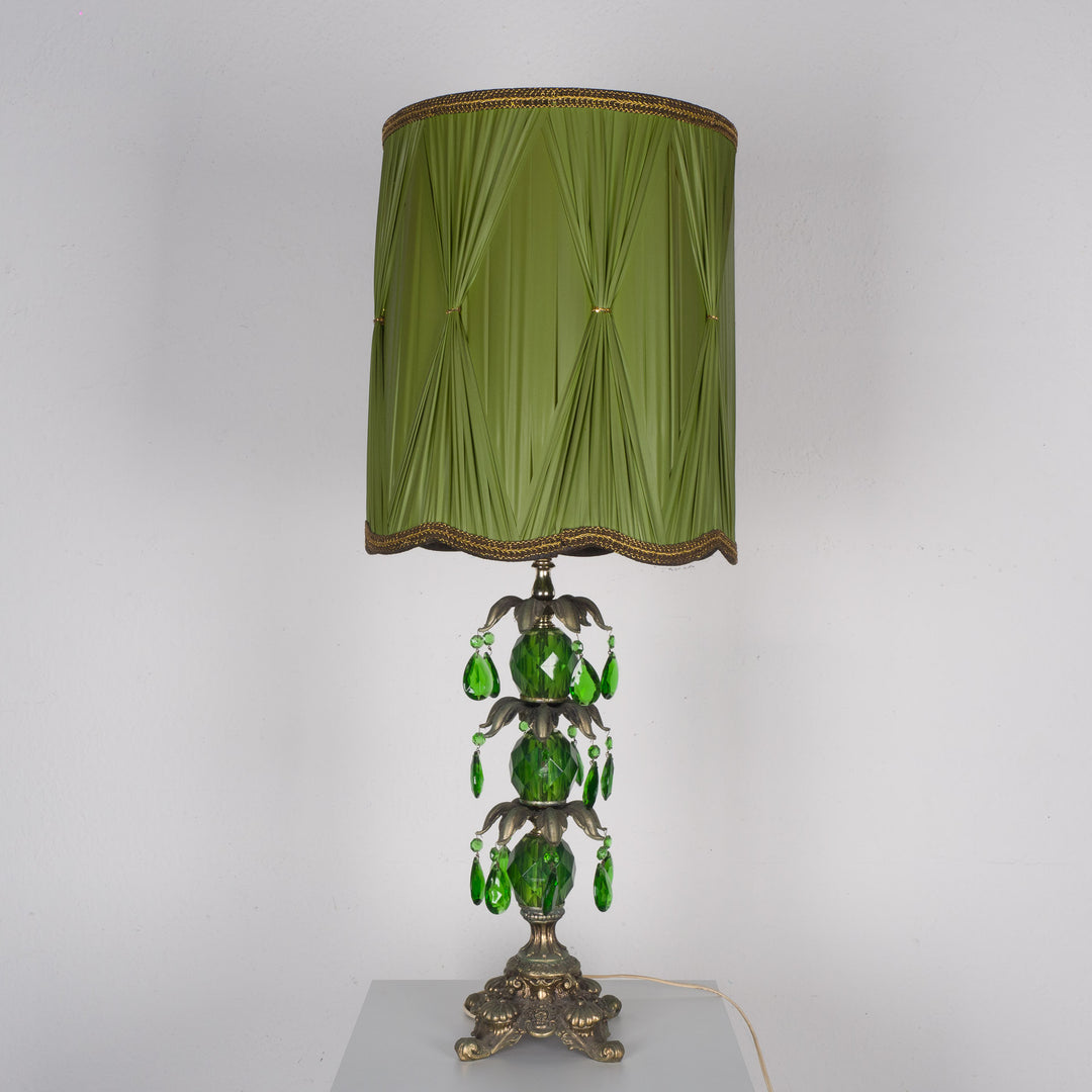 Large green lamp with fabric shade and green glass beads