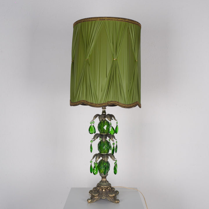 Large green lamp with fabric shade and green glass beads