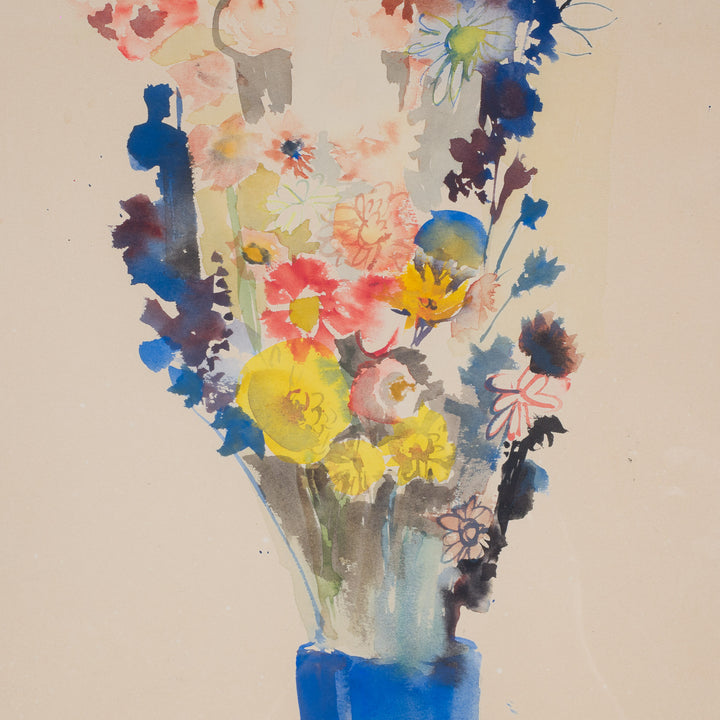 Beautiful watercolor with blue vase and colorful bunch of flowers