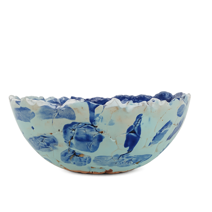 Handgemaakte keramische schaal Karla Vanacker – uniek kunstobject in lichtgroen en diepblauw – 24 cm