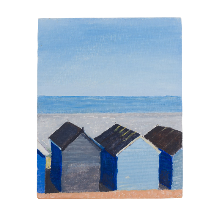 Painting with beach cabins by the sea