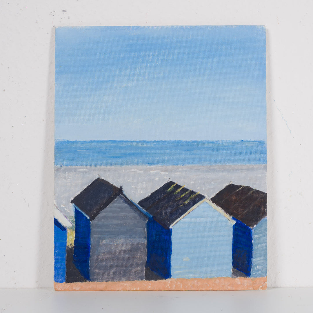 Painting with beach cabins by the sea