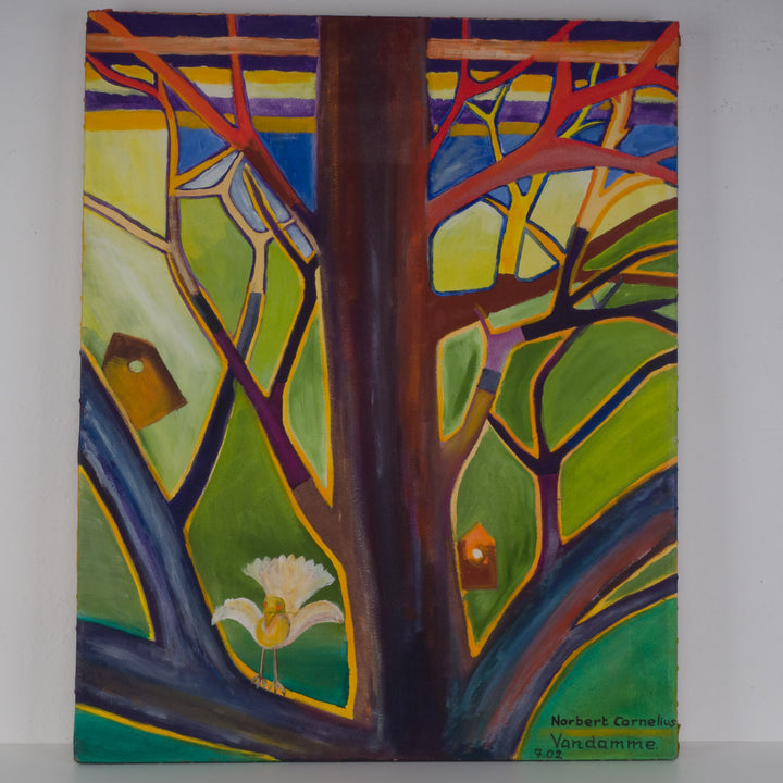 Colorful painting with branches, bird and bird box by Norbert Vandamme