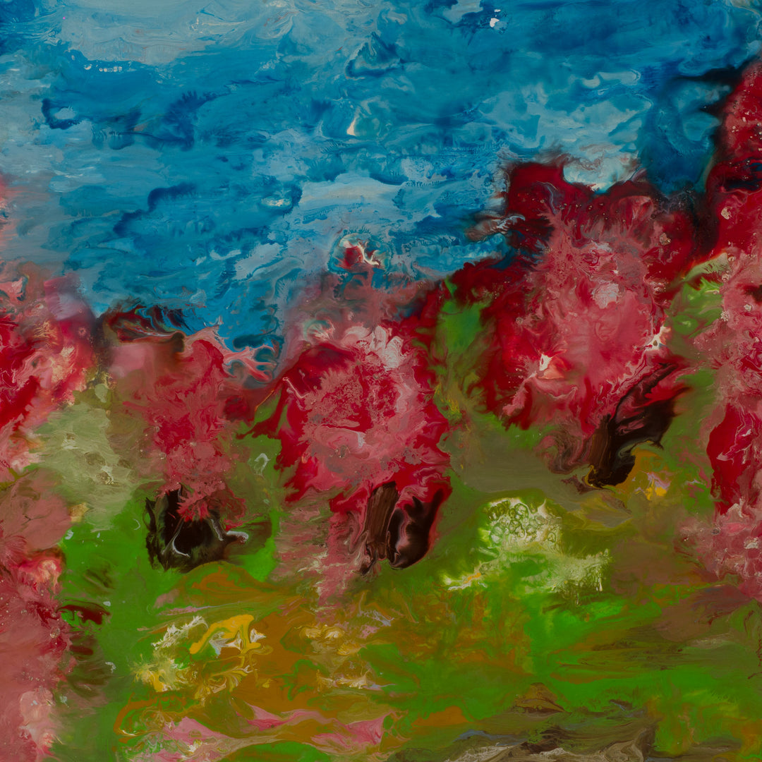 Colorful abstract landscape painting – in green, pink and blue