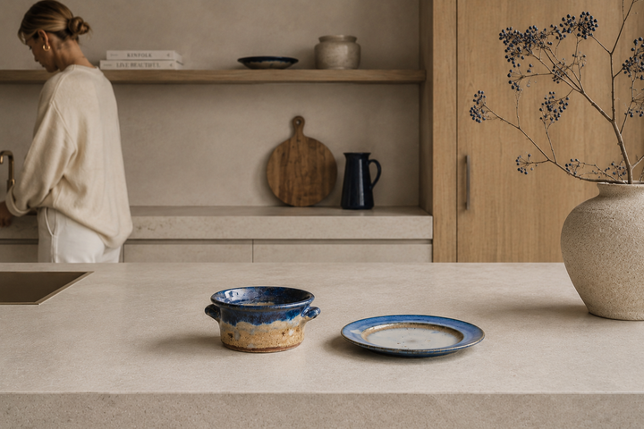 Antieke gres set – Blauwe en beige glazuur - 18x18x2cm - 13x13x6cm