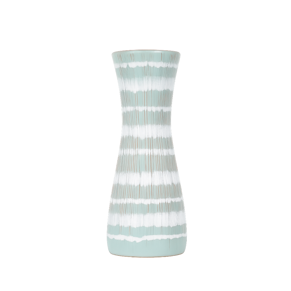 Vintage keramische vaas – lichtgroen met rode lijnstructuur / 10x10x25cm