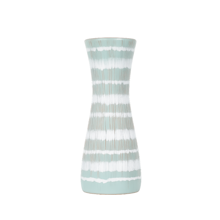 Vintage keramische vaas – lichtgroen met rode lijnstructuur / 10x10x25cm