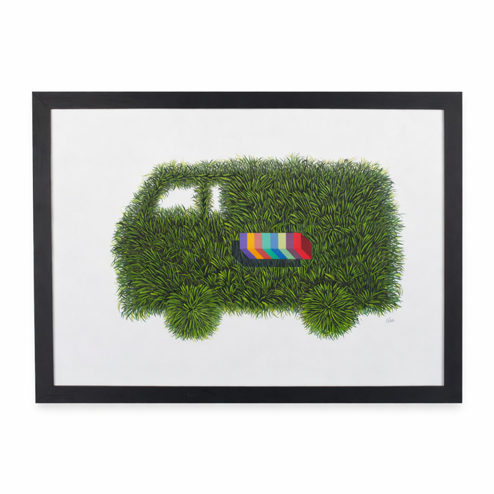 Elias – Surrealistische Lithografie met Groene Bestelwagen | 69 x 49 cm (ingekaderd)