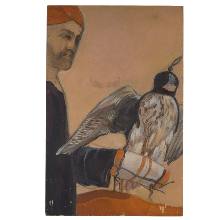Authentiek oranje schilderij van een valkenier met roofvogel op hand