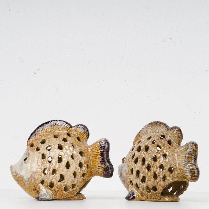 Set of 2 Glazed ceramic tea light holders in the shape of fish - atmospheric eye-catchers