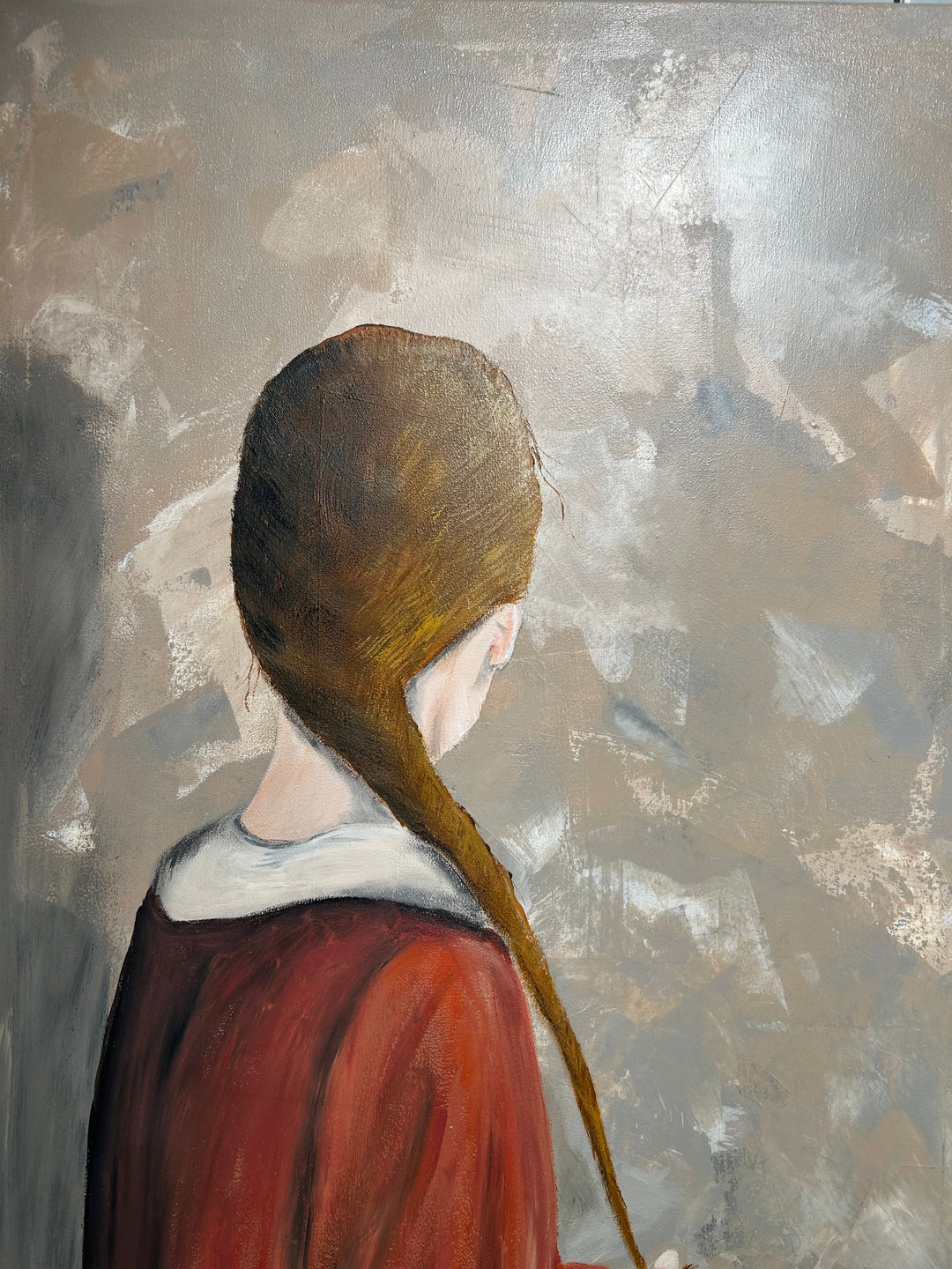 Schilderij Atelier S – 120 × 120 × 4 cm | Hedendaagse figuratieve kunst met abstracte achtergrond