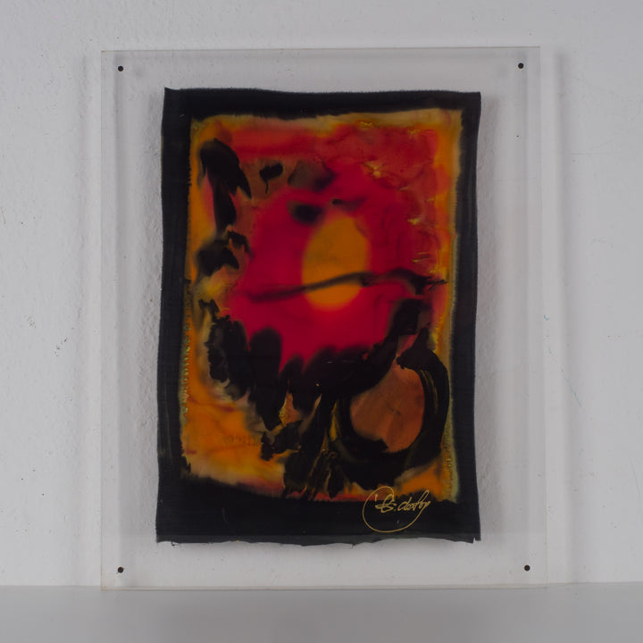 Modern painting in orange-red on fabric - signed Deloy