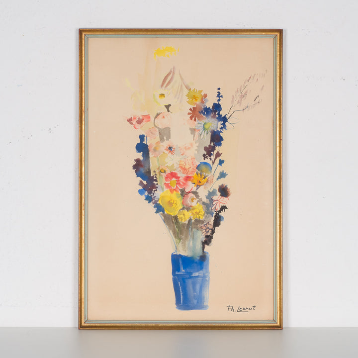 Beautiful watercolor with blue vase and colorful bunch of flowers