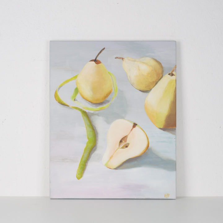 Painting of pears in yellow, green and gray – 40x50x2 cm