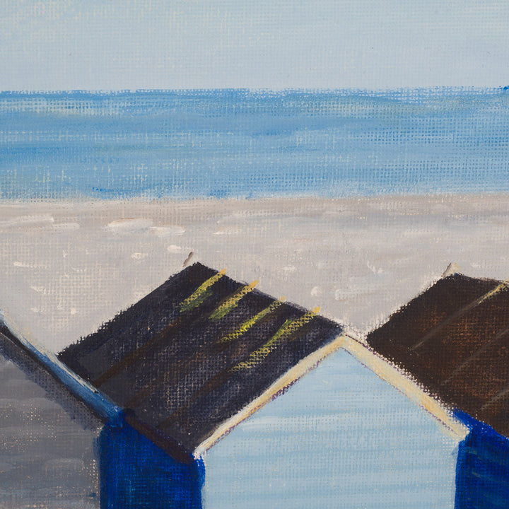 Painting with beach cabins by the sea