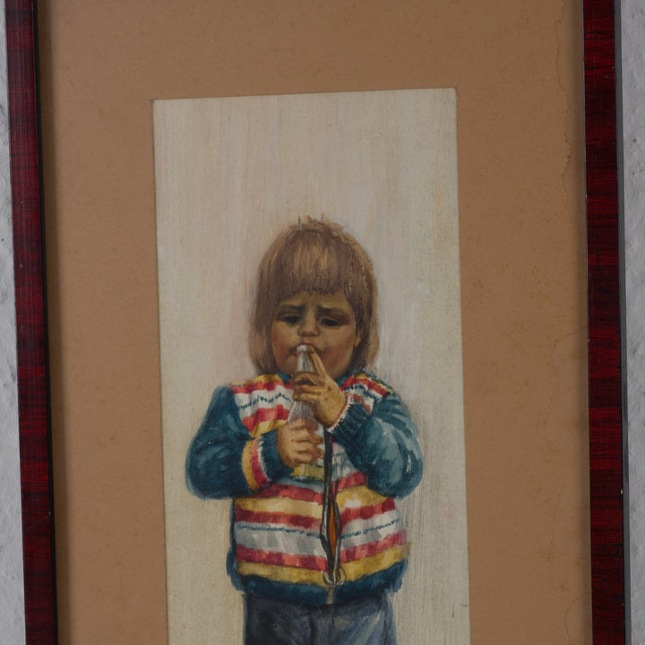 Vintage aquarel van een kind blazend op een flesje - gesigneerd
