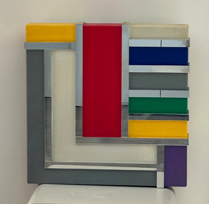 Geometrisch Ritme in Kleur – Vintage Houten Kunstwerk met Spiegelaccenten (36x36 cm)