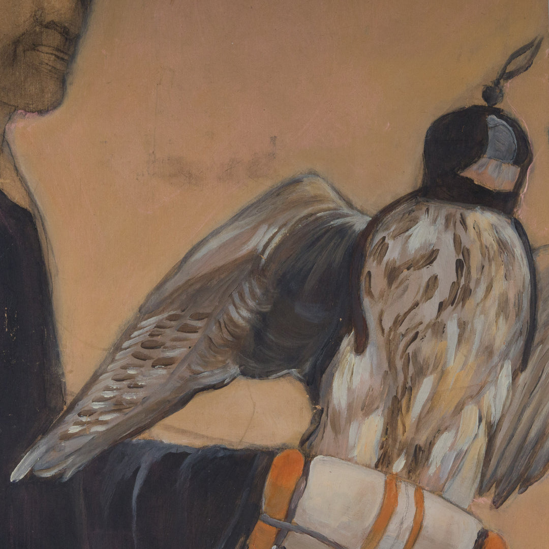 Authentiek oranje schilderij van een valkenier met roofvogel op hand