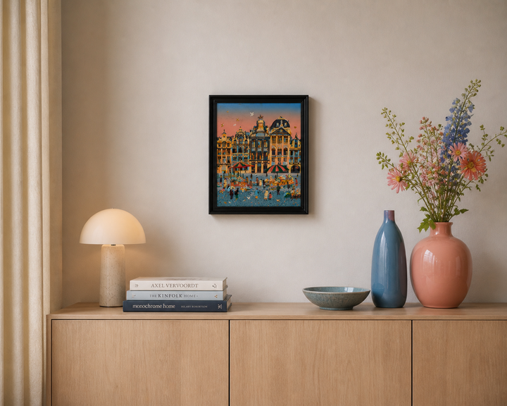 Stadszicht op marktplein – gesigneerd Frey – 53 x 63 x 4 cm