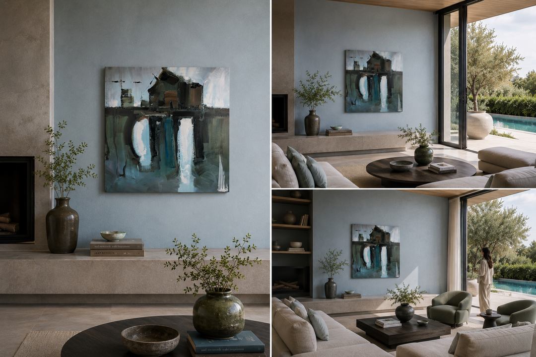 Groot modern schilderij met huis, brug en watervallen / 100 x 100 x 3,5 cm