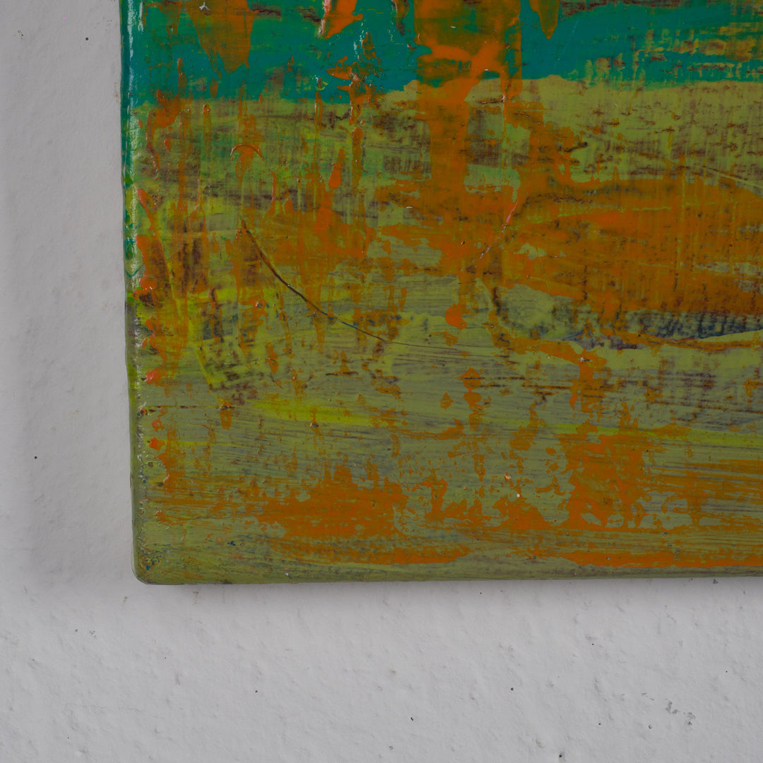Modern abstract painting in green, white and orange by Jacques Hemain