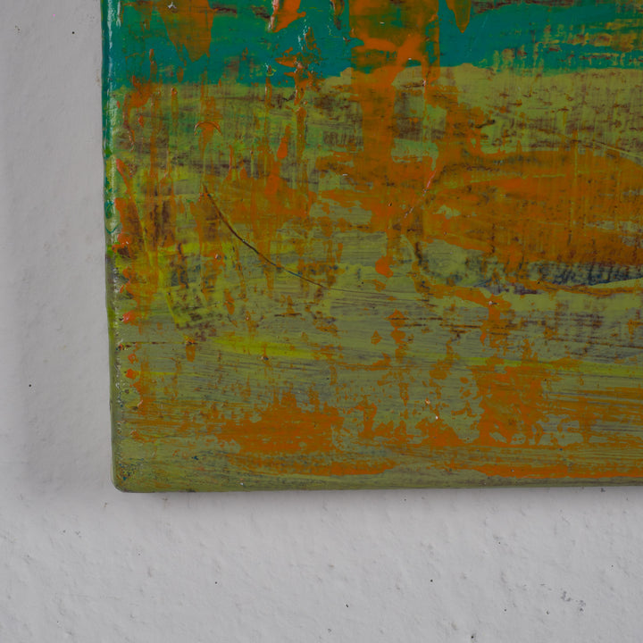 Modern abstract painting in green, white and orange by Jacques Hemain