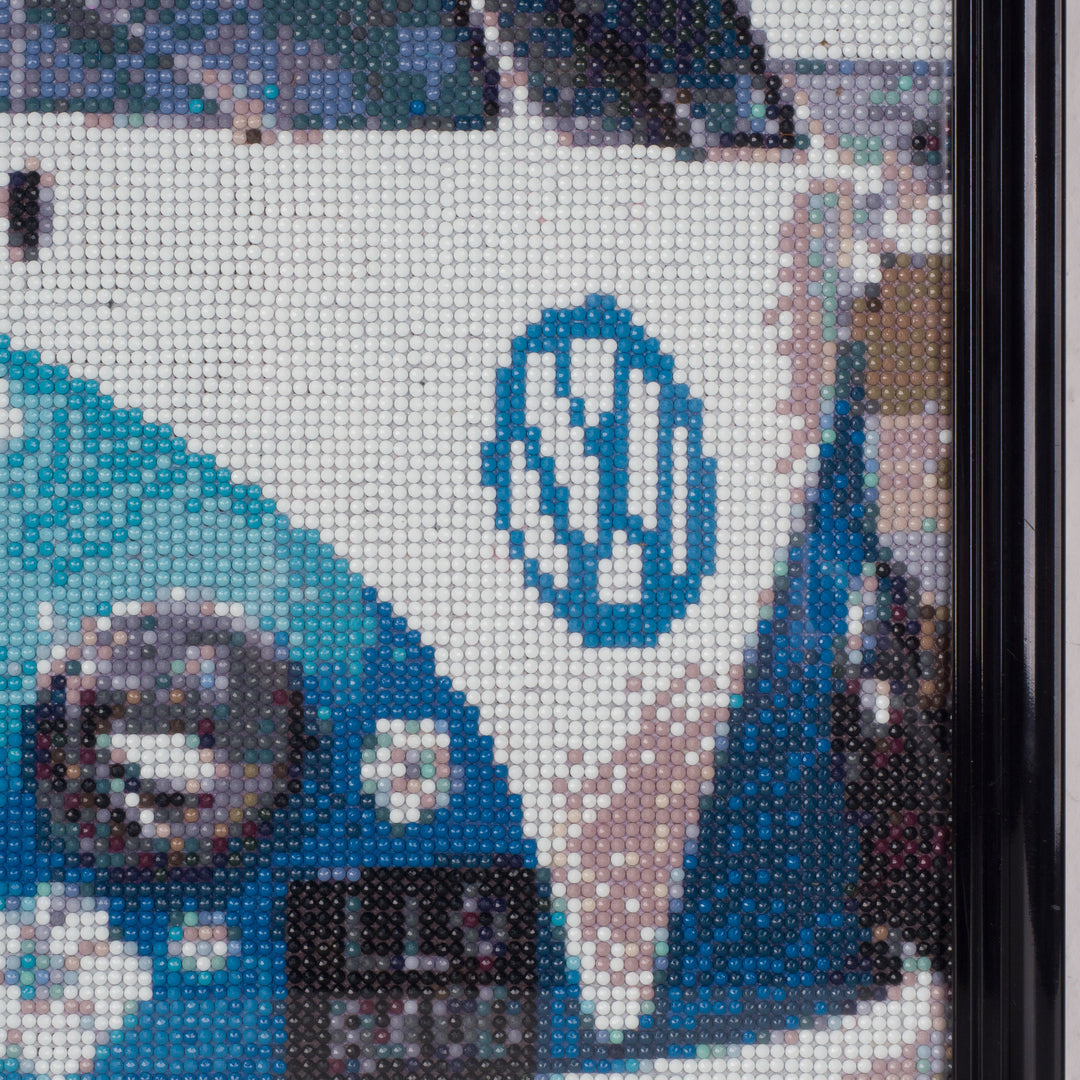 Unique painting in iron-on beads – Volkswagen T1 bus in blue and yellow