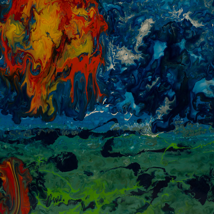 Vintage schilderij met glazuur – abstract kleurrijk schilderij van een ondergaande zon