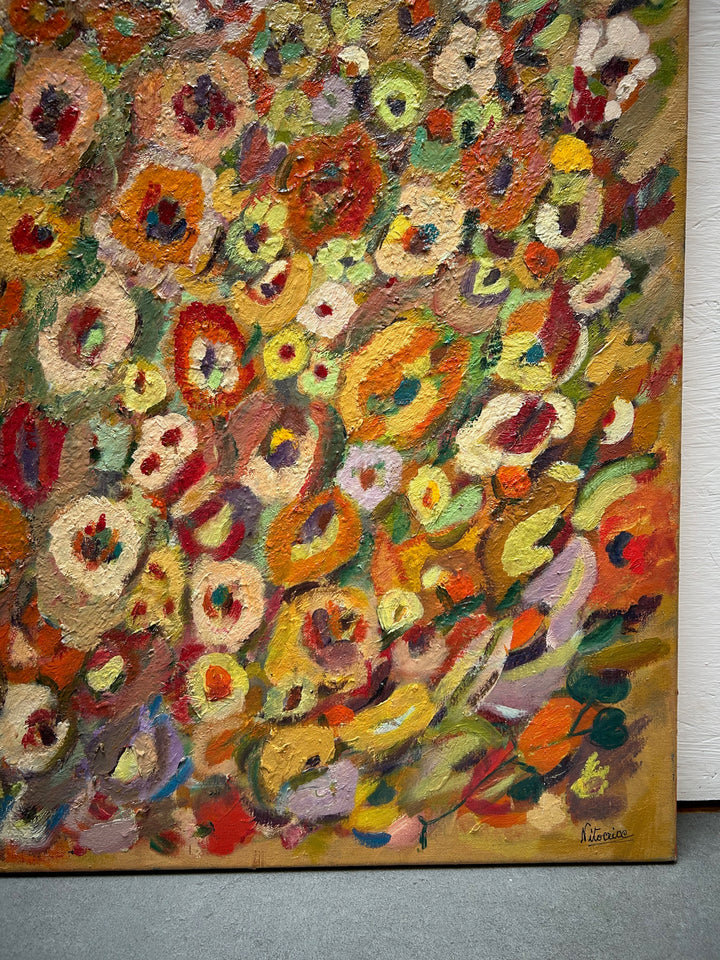 Expressief Bloemenveld in Olieverf – Gesigneerd – 80 x 70 x 1,5 cm