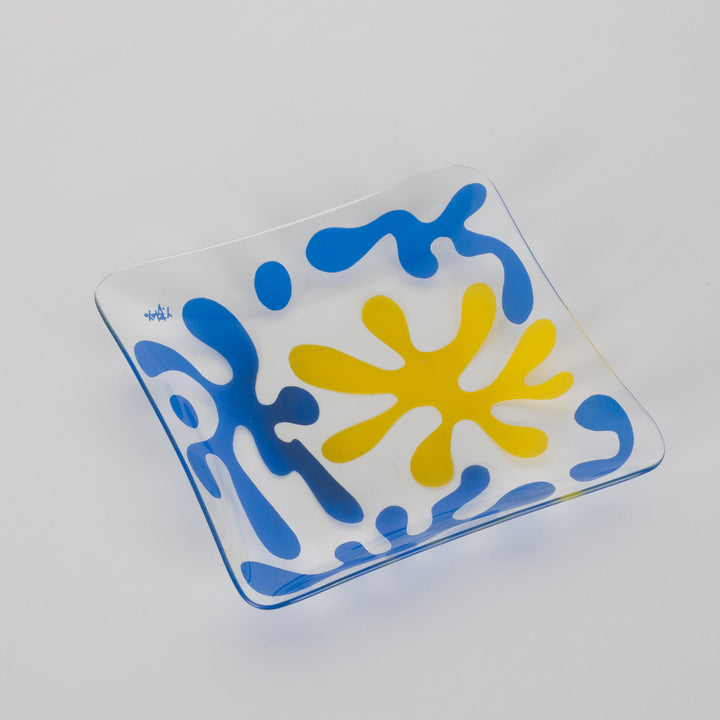 Vintage Schaaltje van Y. Blayo – Kunstzinnig Design in Geel en Blauw / 19 x 19 x 3 cm