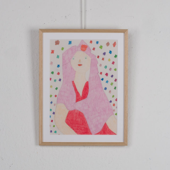 Beautiful drawing of a woman in shades of pink by Carine Vanmeirhaeghe