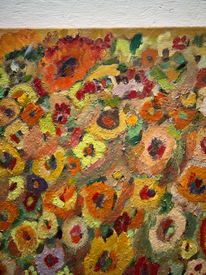 Expressief Bloemenveld in Olieverf – Gesigneerd – 80 x 70 x 1,5 cm